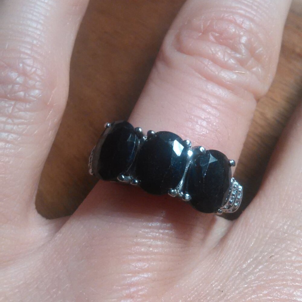 Midnight Sapphire Three Stone Stainless Steel Ring (Size 7) - Picture 7 of 14